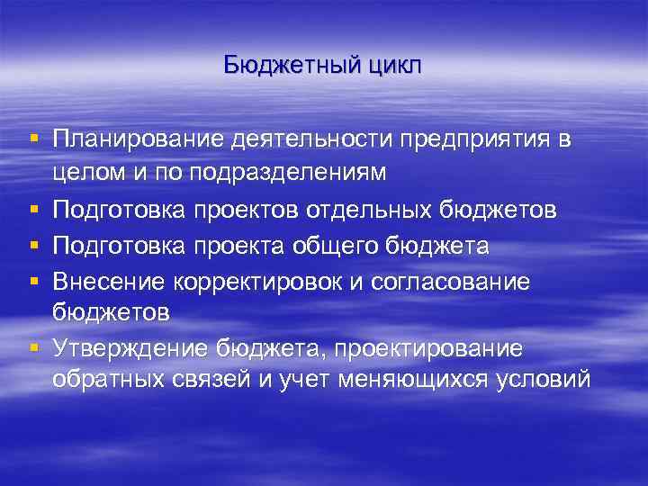 Бюджетный цикл § Планирование деятельности предприятия в целом и по подразделениям § Подготовка проектов