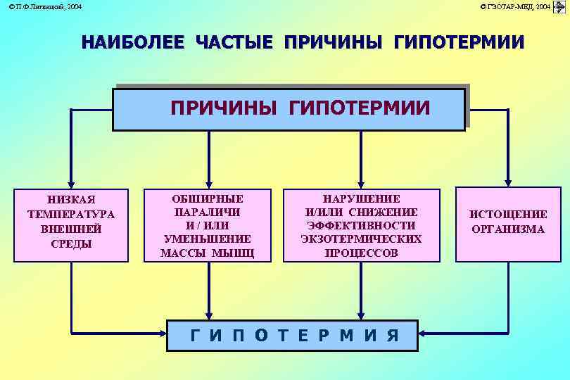 © П. Ф. Литвицкий, 2004 © ГЭОТАР-МЕД, 2004 НАИБОЛЕЕ ЧАСТЫЕ ПРИЧИНЫ ГИПОТЕРМИИ НИЗКАЯ ТЕМПЕРАТУРА