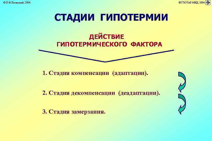 © П. Ф. Литвицкий, 2004 © ГЭОТАР-МЕД, 2004 СТАДИИ ГИПОТЕРМИИ ДЕЙСТВИЕ ГИПОТЕРМИЧЕСКОГО ФАКТОРА 1.