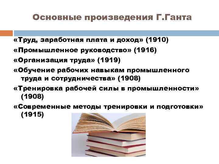 Основные произведения Г. Ганта «Труд, заработная плата и доход» (1910) «Промышленное руководство» (1916) «Организация