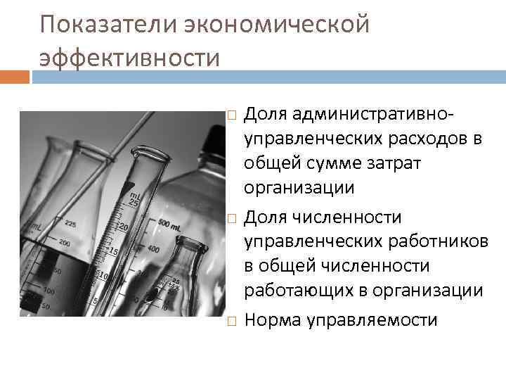 Показатели экономической эффективности Доля административноуправленческих расходов в общей сумме затрат организации Доля численности управленческих