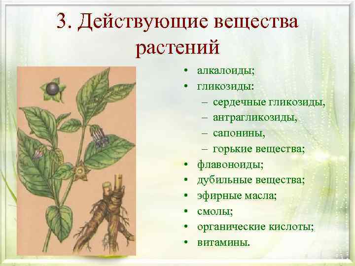3. Действующие вещества растений • алкалоиды; • гликозиды: – сердечные гликозиды, – антрагликозиды, –