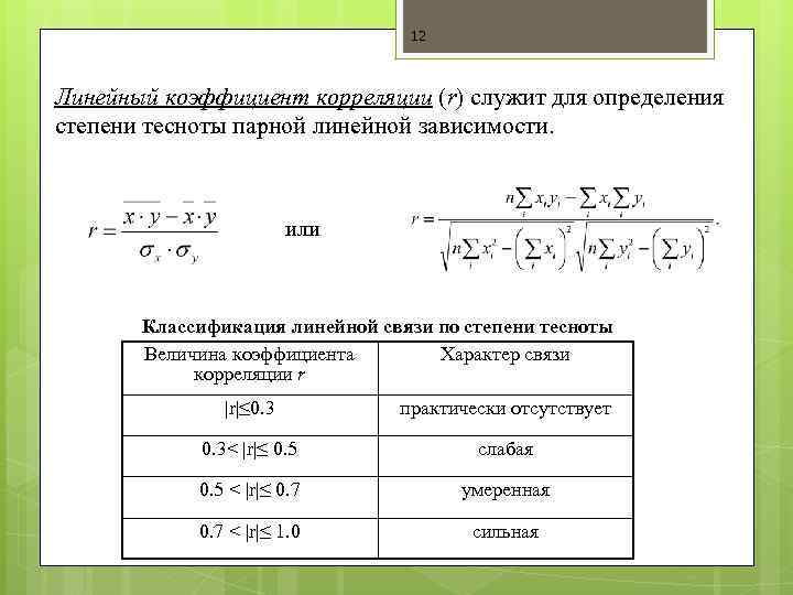 12 Линейный коэффициент корреляции (r) служит для определения степени тесноты парной линейной зависимости. или