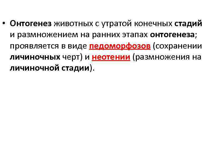  • Онтогенез животных с утратой конечных стадий и размножением на ранних этапах онтогенеза;