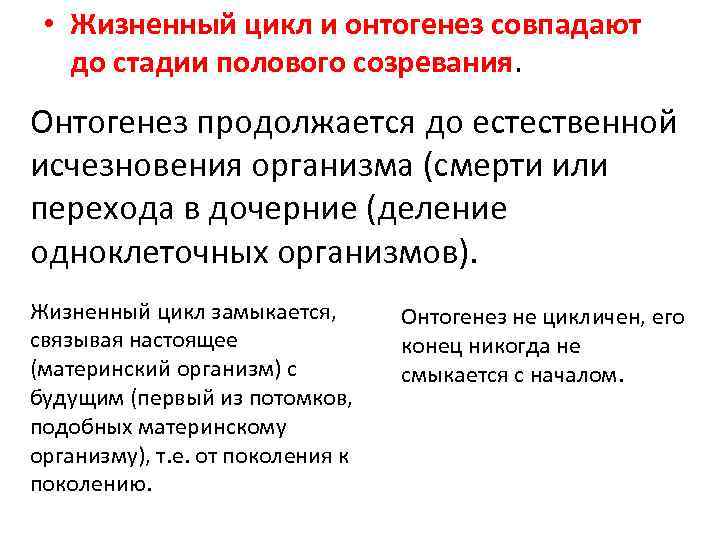  • Жизненный цикл и онтогенез совпадают до стадии полового созревания. Онтогенез продолжается до