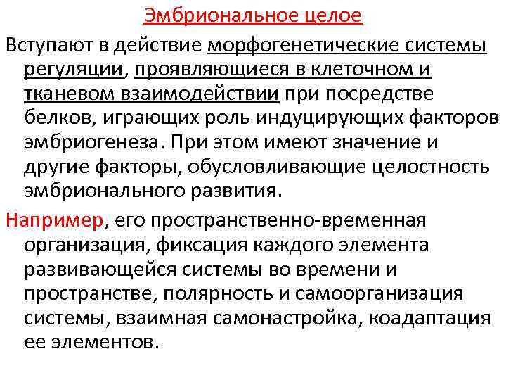 Эмбриональное целое Вступают в действие морфогенетические системы регуляции, проявляющиеся в клеточном и тканевом взаимодействии