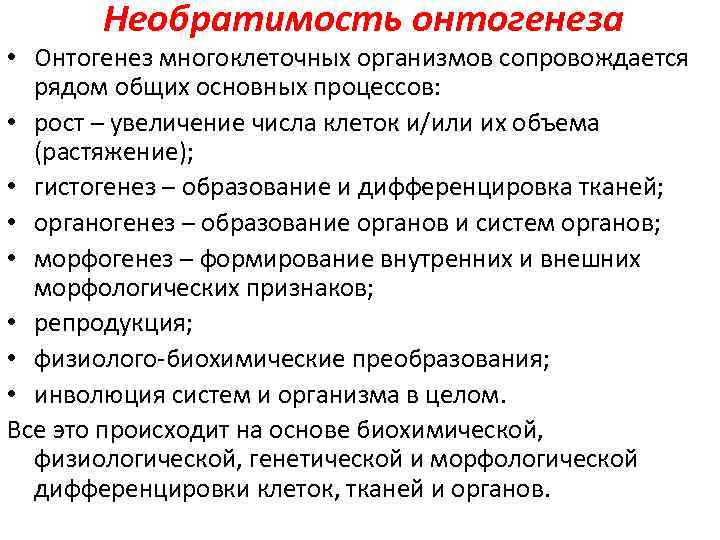 Необратимость онтогенеза • Онтогенез многоклеточных организмов сопровождается рядом общих основных процессов: • рост –