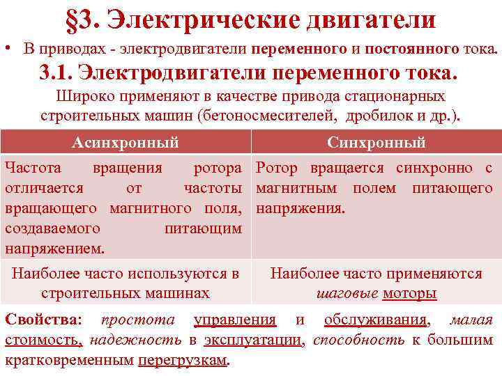 § 3. Электрические двигатели • В приводах - электродвигатели переменного и постоянного тока. 3.