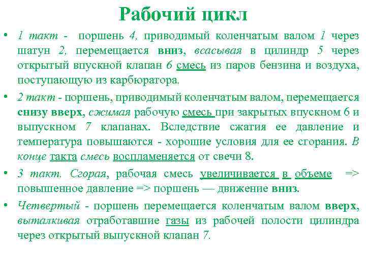 Рабочий цикл • 1 такт - поршень 4, приводимый коленчатым валом 1 через шатун