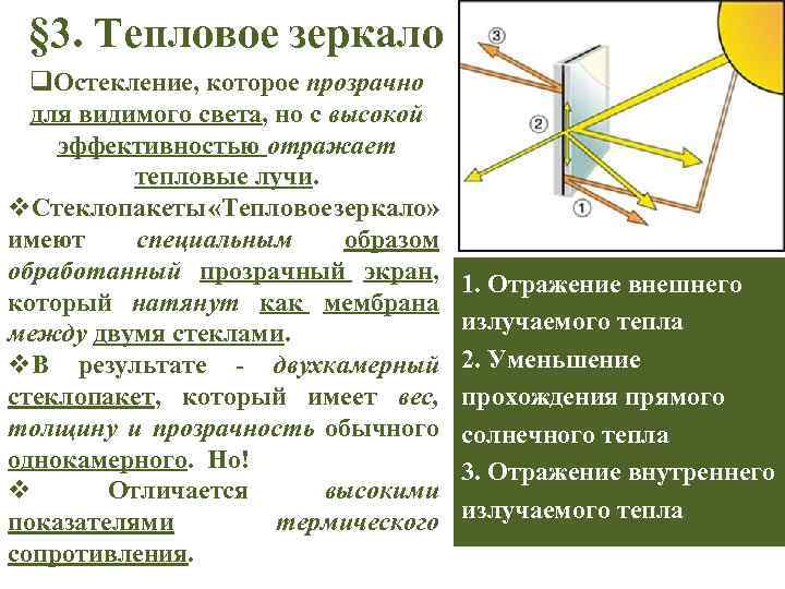 § 3. Тепловое зеркало q. Остекление, которое прозрачно для видимого света, но с высокой