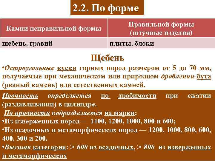 2. 2. По форме Камни неправильной формы щебень, гравий Правильной формы (штучные изделия) плиты,