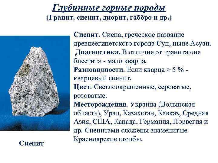 Глубинные горные породы (Гранит, сиенит, диорит, гáббро и др. ) Сиенит. Сиена, греческое название