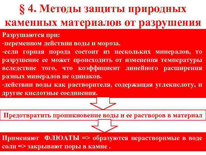 § 4. Методы защиты природных каменных материалов от разрушения Разрушаются при: -переменном действии воды