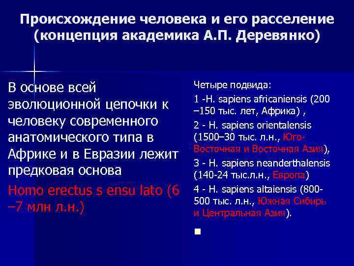 Происхождение человека и его расселение (концепция академика А. П. Деревянко) В основе всей эволюционной