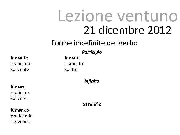 Lezione ventuno 21 dicembre 2012 Forme indefinite del verbo fumante praticante scrivente fumare praticare