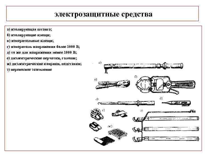  электрозащитные средства а) изолирующая штанга; б) изолирующие клещи; в) измерительные клещи; г) измеритель
