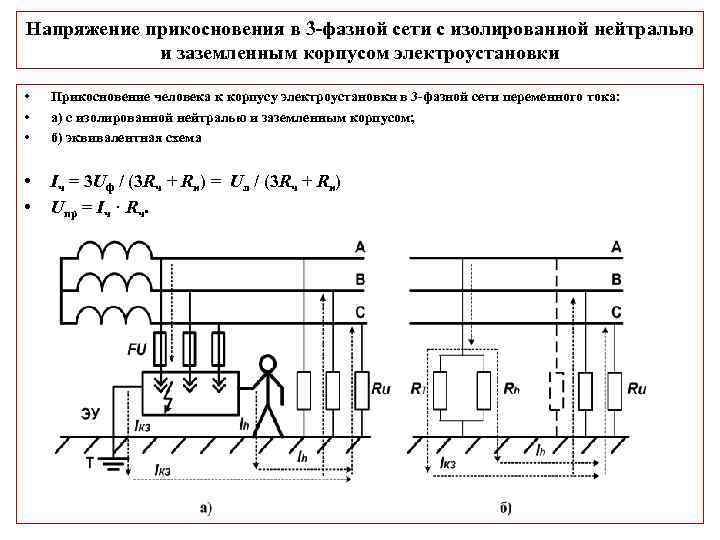 Напряжение прикосновения в 3 фазной сети с изолированной нейтралью и заземленным корпусом электроустановки •