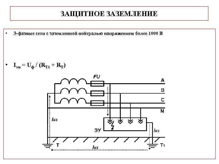 ЗАЩИТНОЕ ЗАЗЕМЛЕНИЕ • 3 фазные сети с заземленной нейтралью напряжением более 1000 В •