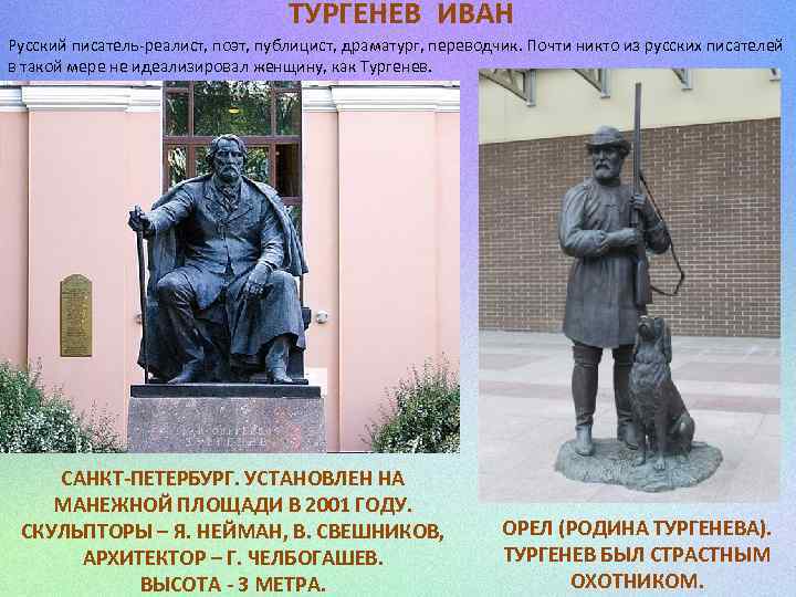 ТУРГЕНЕВ ИВАН Русский писатель-реалист, поэт, публицист, драматург, переводчик. Почти никто из русских писателей в