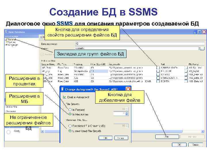 Создание БД в SSMS Диалоговое окно SSMS для описания параметров создаваемой БД Кнопка для