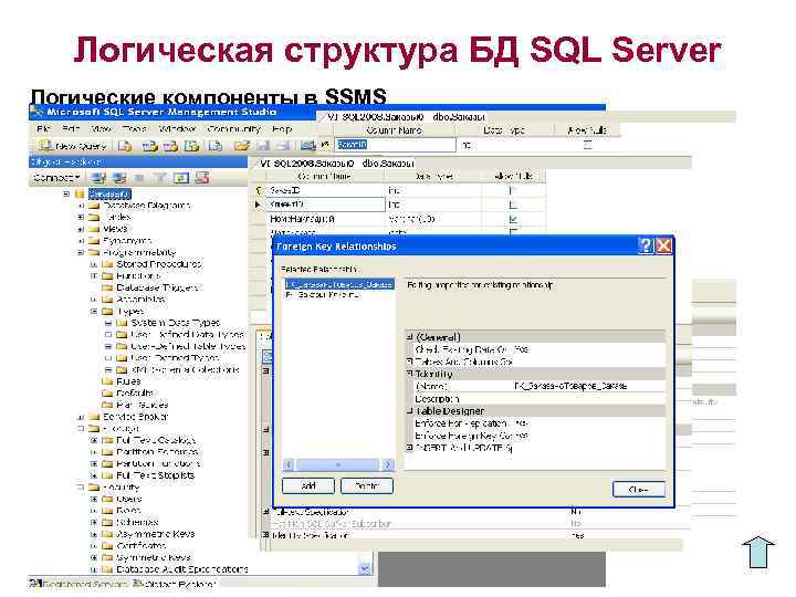 Логическая структура БД SQL Server Логические компоненты в SSMS 