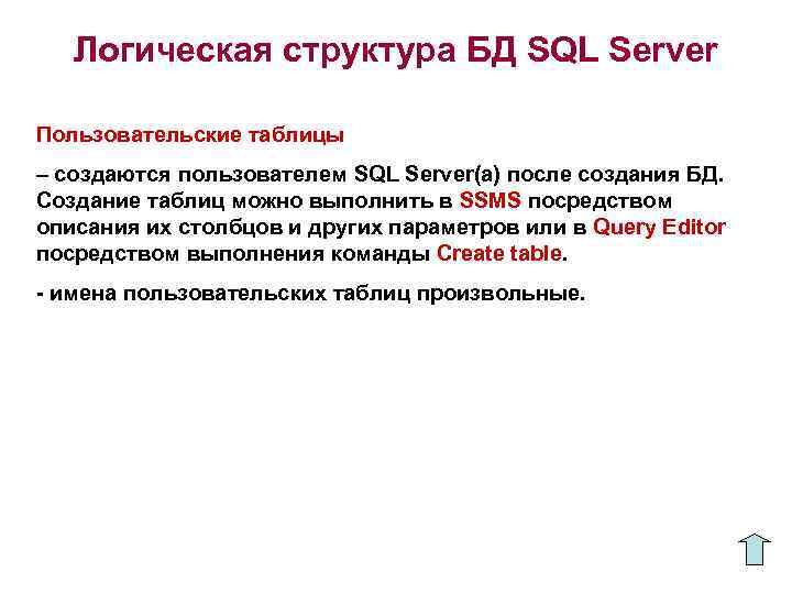 Логическая структура БД SQL Server Пользовательские таблицы – создаются пользователем SQL Server(а) после создания