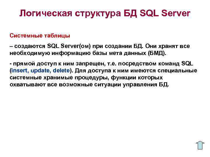 Логическая структура БД SQL Server Системные таблицы – создаются SQL Server(ом) при создании БД.