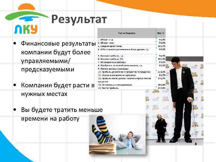 Результат • Финансовые результаты компании будут более управляемыми/ предсказуемыми • Компания будет расти в