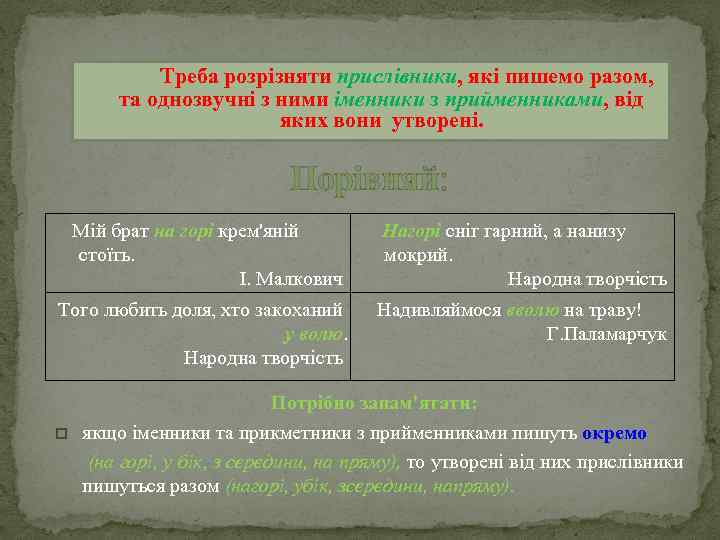 Треба розрізняти прислівники, які пишемо разом, та однозвучні з ними іменники з прийменниками, від