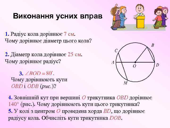 Виконання усних вправ 1. Радіус кола дорівнює 7 см. Чому дорівнює діаметр цього кола?