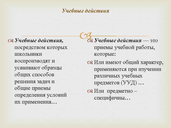 Учебные действия Учебные действия, посредством которых школьники воспроизводят и усваивают образцы общих способов решения