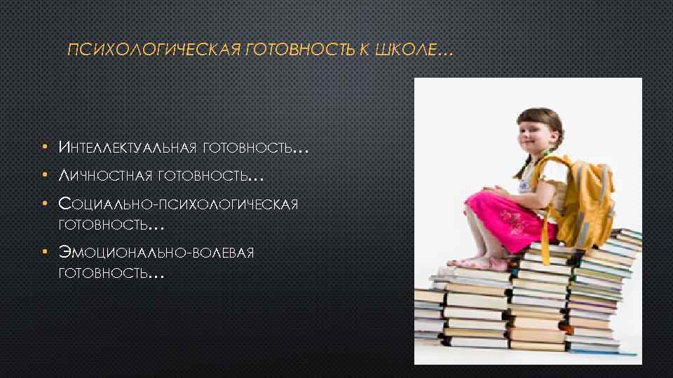 ПСИХОЛОГИЧЕСКАЯ ГОТОВНОСТЬ К ШКОЛЕ… • ИНТЕЛЛЕКТУАЛЬНАЯ ГОТОВНОСТЬ… • ЛИЧНОСТНАЯ ГОТОВНОСТЬ… • СОЦИАЛЬНО-ПСИХОЛОГИЧЕСКАЯ ГОТОВНОСТЬ… •