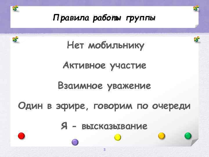 Правила работы группы Нет мобильнику Активное участие Взаимное уважение Один в эфире, говорим по