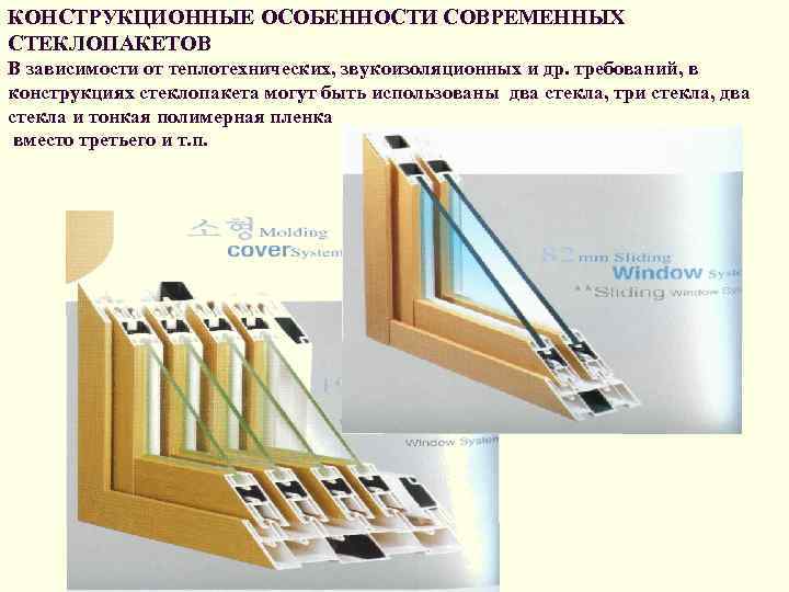 КОНСТРУКЦИОННЫЕ ОСОБЕННОСТИ СОВРЕМЕННЫХ СТЕКЛОПАКЕТОВ В зависимости от теплотехнических, звукоизоляционных и др. требований, в конструкциях