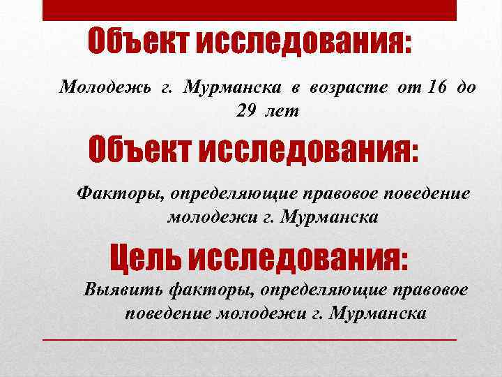 Объект исследования: Молодежь г. Мурманска в возрасте от 16 до 29 лет Объект исследования: