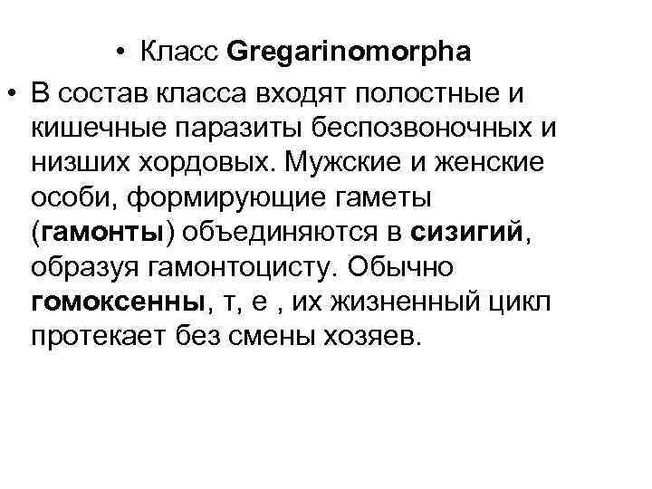  • Класс Gregarinomorphа • В состав класса входят полостные и кишечные паразиты беспозвоночных