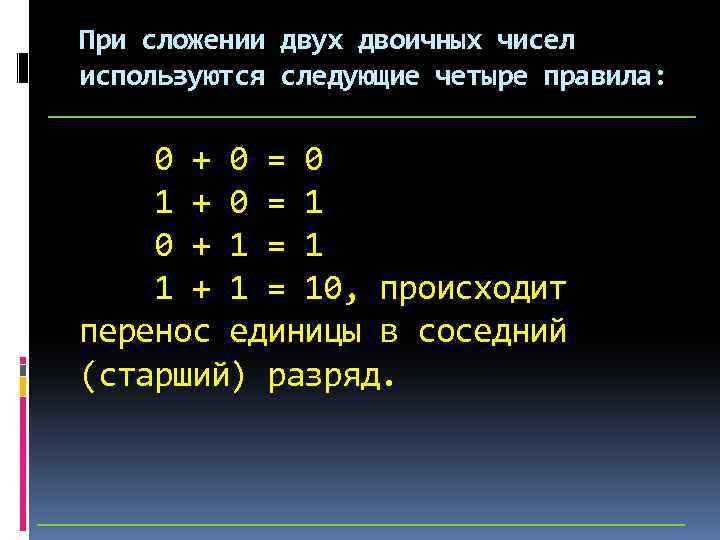 Единица перенести. Старший разряд двоичного числа это. Сложение двух четырехразрядных двоичных чисел. Как сложить два двоичных числа. Сложение по модулю 2 двоичных чисел таблица.