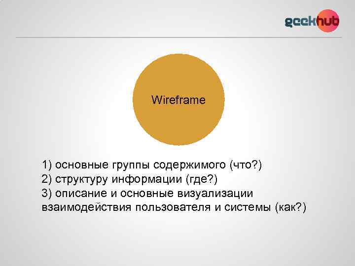 Wireframe 1) основные группы содержимого (что? ) 2) структуру информации (где? ) 3) описание