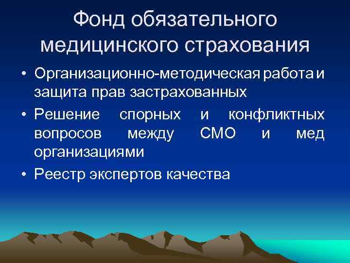 Фонд обязательного медицинского страхования • Организационно-методическая работа и защита прав застрахованных • Решение спорных