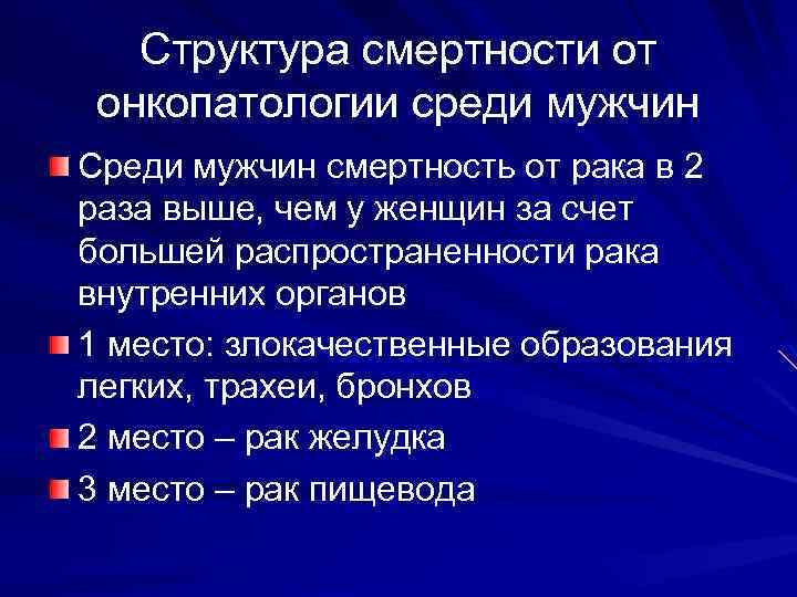 Структура смертности от онкопатологии среди мужчин Среди мужчин смертность от рака в 2 раза