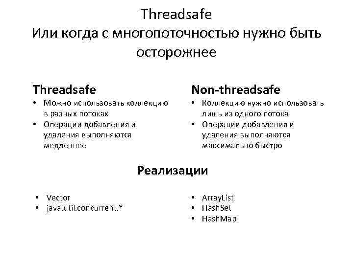 Threadsafe Или когда с многопоточностью нужно быть осторожнее Threadsafe • Можно использовать коллекцию в