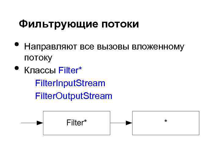 Фильтрующие потоки • • Направляют все вызовы вложенному потоку Классы Filter* Filter. Input. Stream
