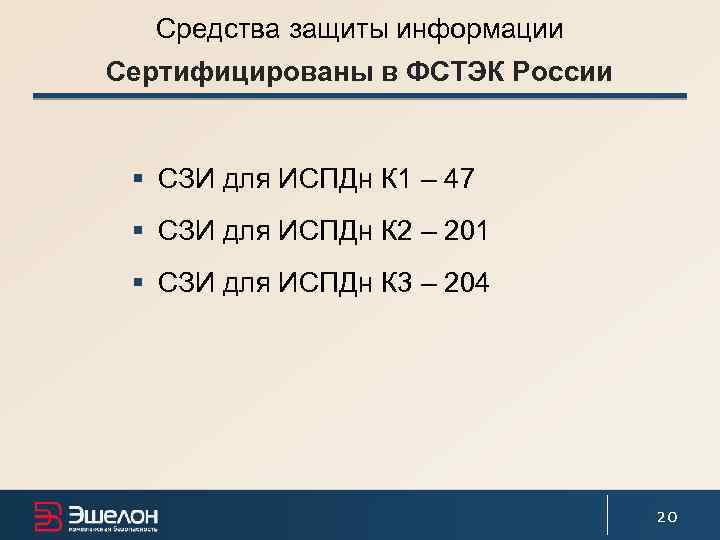 Средства защиты информации Сертифицированы в ФСТЭК России § СЗИ для ИСПДн К 1 –