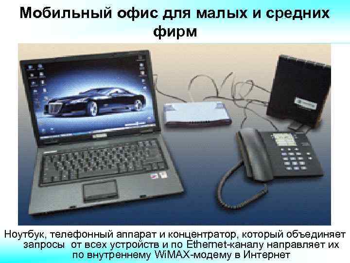 Мобильный офис для малых и средних фирм Ноутбук, телефонный аппарат и концентратор, который объединяет