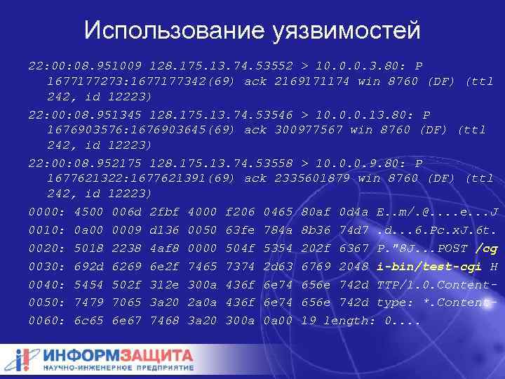 Использование уязвимостей 22: 00: 08. 951009 128. 175. 13. 74. 53552 > 10. 0.