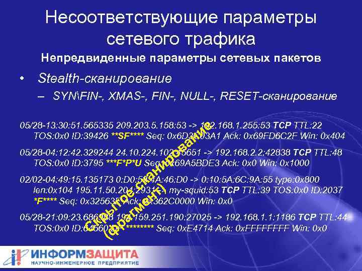 Несоответствующие параметры сетевого трафика Непредвиденные параметры сетевых пакетов • Stealth-сканирование – SYNFIN-, XMAS-, FIN-,