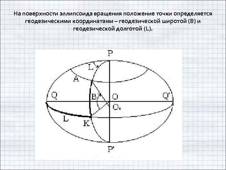 На поверхности эллипсоида вращения положение точки определяется геодезическими координатами – геодезической широтой (B) и