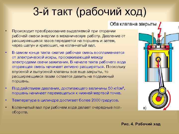 3 -й такт (рабочий ход) • Происходит преобразование выделяемой при сгорании рабочей смеси энергии