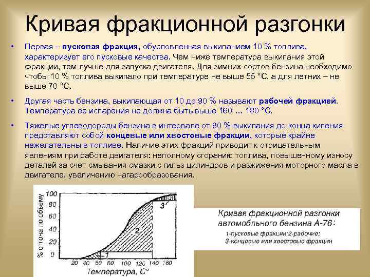 Кривая фракционной разгонки • Первая – пусковая фракция, обусловленная выкипанием 10 % топлива, характеризует