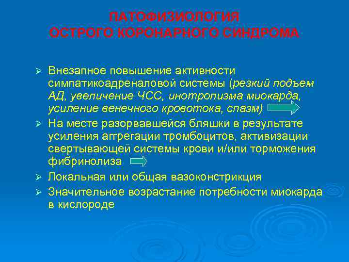 ПАТОФИЗИОЛОГИЯ ОСТРОГО КОРОНАРНОГО СИНДРОМА Ø Ø Внезапное повышение активности симпатикоадреналовой системы (резкий подъем АД,